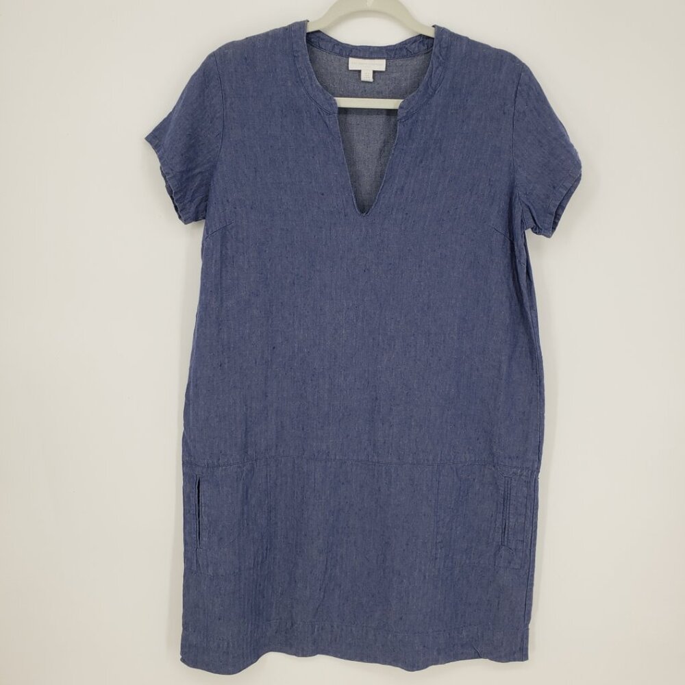 The White Company Linen Shift Dress‎ 8 Short Sleeves Pockets Chambray Blue
